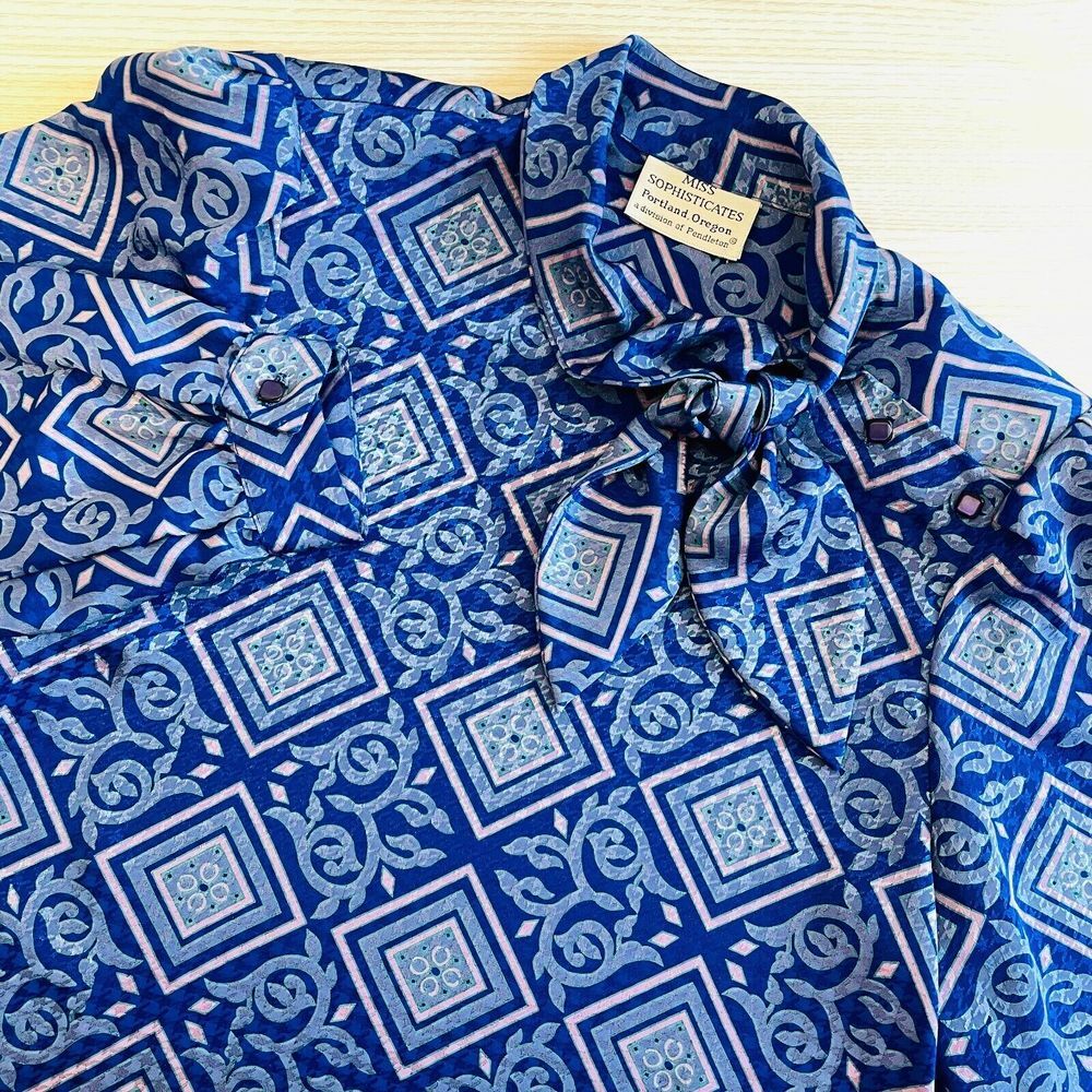 Pendleton Sophisticates Chiffon Top Women's Blue‎ Long Sleeve Neck Tie Blouse